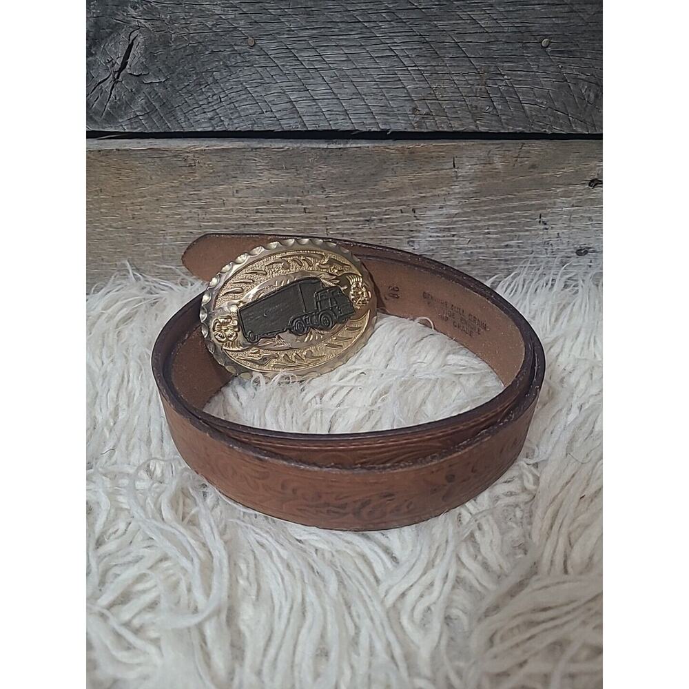 Semi Truck Trucker Gold Buckle Genuine Full Grain Cowhide Bridle Leather Belt